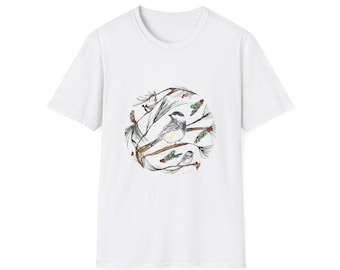 Chickadees on Pine Boughs T-Shirt, Bird Lover Gift, Nature Enthusiast Shirt, Avian Art Tee, Unisex Nature Lover Top
