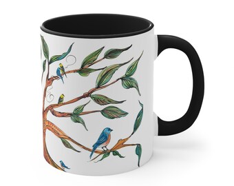 11oz Mug for Coffee, Tea or Hot Chocolate - Unique Tree with Bird - Designed for Daily Use - Great Gift for Birdwatchers