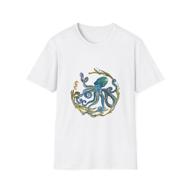 Octopus Unisex T-Shirt, Ocean Lover Tee, Sea Creature Shirt, Nautical Top, Softstyle Tee White