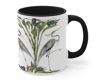 11oz Mug for Coffee, Tea or Hot Chocolate - Unique Heron Motif - Designed for Daily Use - Great Gift for Beach House Owners & Bird Lovers