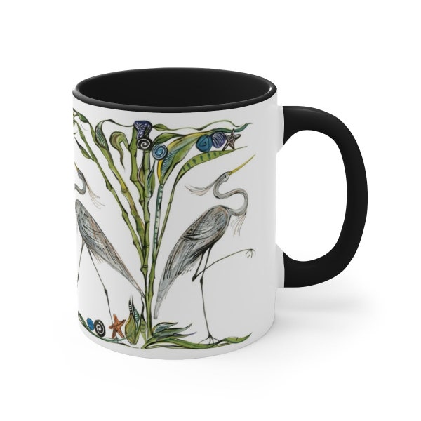 11oz Mug for Coffee, Tea or Hot Chocolate - Unique Heron Motif - Designed for Daily Use - Great Gift for Beach House Owners & Bird Lovers