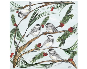 Chickadees on Pine Boughs - Pack of 4 Cloth Napkins - Large Dinner Table Napkins - Natural World Collection - Housewarming/Wedding Gift