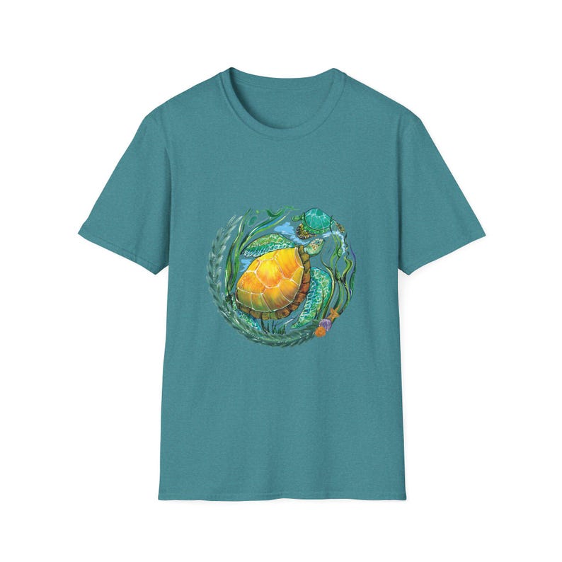 Sea Turtle Unisex T-Shirt, Ocean Lover Tee, Sea Creature Shirt, Nautical Top, Softstyle Tee Heather Galapagos Blue