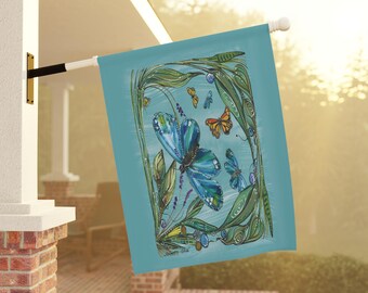 Large House Flag Blue Butterfly | House Banner, Floral Nature Decor