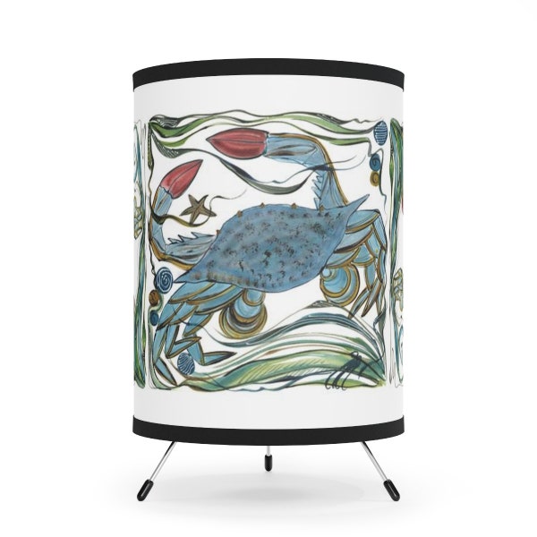 Decorative Table or Desk Lamp - Blue Crab Motif - Tripod Lamp - Warm Glow for Cozy Lighting in Beach House, Dorm or Kids Rooms