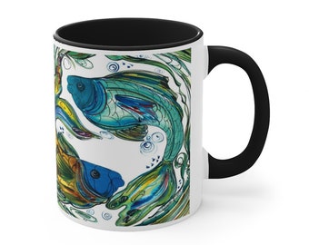 11oz Mug for Coffee, Tea or Hot Chocolate - Fish Watercolor Motif - For Daily Use - Great Gift for Fishing Enthusiasts & Outdoorsy People