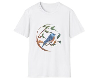 Tree & Bird Unisex Softstyle T-Shirt, Avian Nature Lover Gift, Lightweight Tee for Nature Enthusiasts, Botanical Shirt for Gardeners, Unique