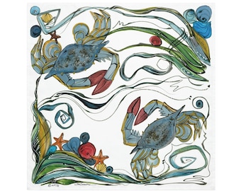 Crab on White - Pair of Cloth Napkins - Large Dinner Table Napkins - Natural World Collection - Housewarming/Wedding