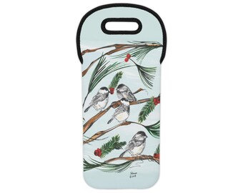 Chickadees on Pine Boughs - Wine Tote Bag
