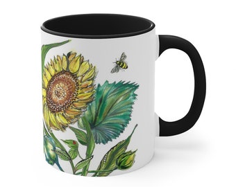11oz Mug for Coffee, Tea or Hot Chocolate - Unique Sunflower Motif - Designed for Daily Use - Great Gift for Gardeners