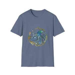 Octopus Unisex T-Shirt, Ocean Lover Tee, Sea Creature Shirt, Nautical Top, Softstyle Tee Heather Indigo
