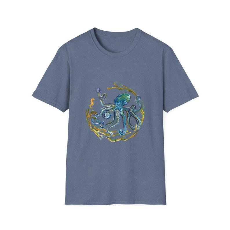 Octopus Unisex T-Shirt, Ocean Lover Tee, Sea Creature Shirt, Nautical Top, Softstyle Tee Heather Indigo