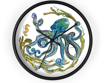 Unique Wall Clock - Octopus Motif - Ready to Hang - Great as Home Decor & Statement Piece - Gift for Outdoor Enthusiasts