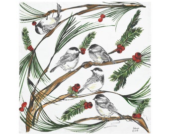 Chickadees on Pine Boughs on White - Pack of 4 Cloth Napkins - Large Dinner Napkins - Natural World Collection - Housewarming/Wedding Gift