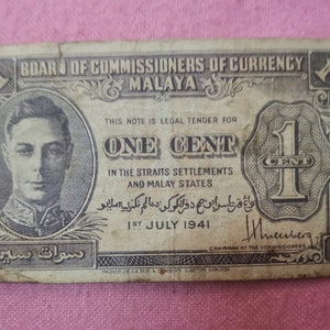 1 Cent Malaya 1941 King George Banknote