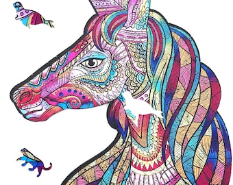 ALICORN Wooden Jigsaw Puzzles- Colorful Unicorn Puzzle Unique Shaped Wood Puzzle Jigsaw Pieces for Adults and Kids 119 Pcs Hidden Animal Pcs