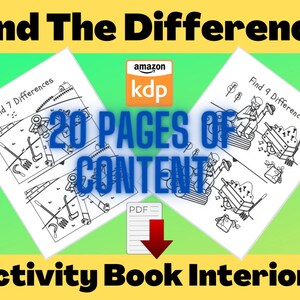 May include: A digital download of a 20-page activity book with find the difference puzzles. The book cover features a black and white illustration of a person pushing a wheelbarrow. The text on the cover reads "Find 9 Differences".