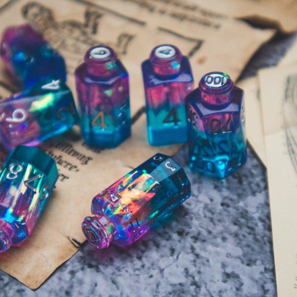 Tranquility - Resin Potion bottle dice set with silver inking