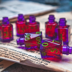 May include: A collection of red and purple dice and potion bottles. The dice are transparent with green numbers, and the bottles have purple caps. They are arranged on a vintage paper with faded text.