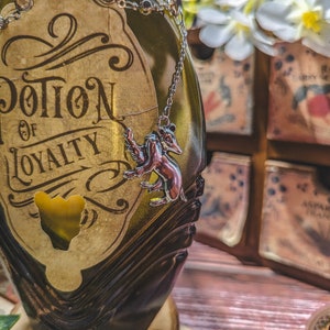 Może przedstawiać: Srebrny naszyjnik z wisiorkiem w kształcie skrzydlatej istoty wisi przed zieloną butelką z napisem "Potion of Loyalty". Butelka ma unikalny kształt i wycięcie. W tle drewniane pudełko z torebkami nasion.