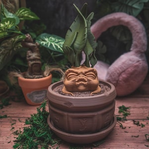 May include: A Mandrake plant sculpture in a brown pot, with green leaves and a tan face. Another similar plant is in the background, along with a pink flamingo head and a globe. The pot is brown.