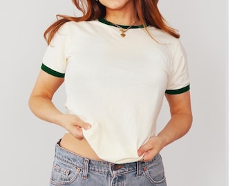 Retro Ringer Tee: Natural with Forest Green Trim