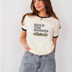 Hold Your Horses Ringer Tee, Cowboy Tee Retro Rodeo Tee, Nature Tee, Cowboy Aesthetic T-Shirt, Rodeo Lovers Shirt, Vintage Unisex Cotton Tee