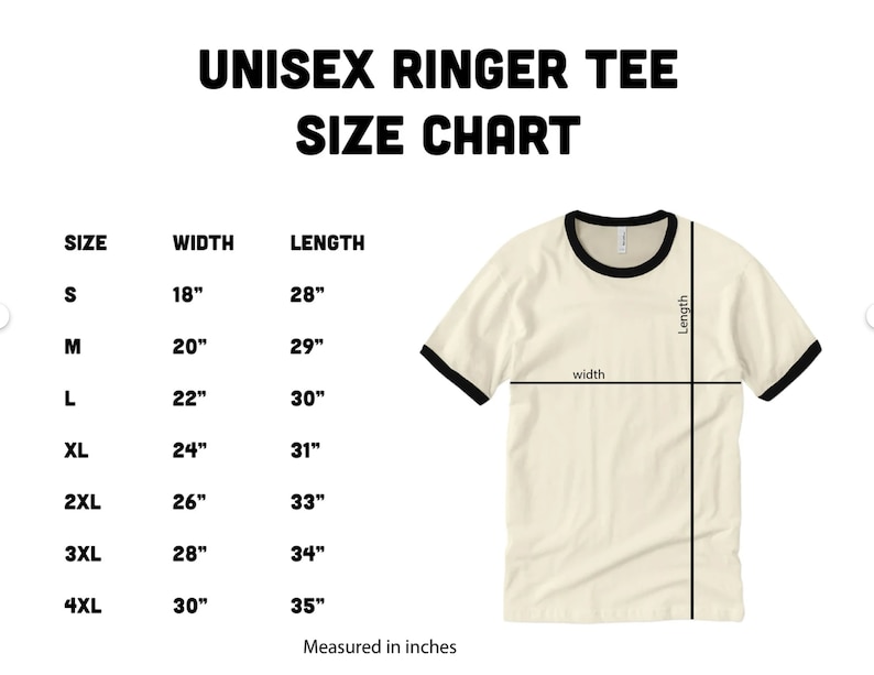 以下が含まれることがあります： ユニセックスのリングTシャツのサイズチャート。サイズはSから4XLまで。インチで測定されています。チャートには、各サイズの幅と長さが表示されています。