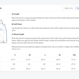 May include: Size chart for a hoodie with measurements in inches for length, half chest, and sleeve length. Sizes range from S to 3XL.