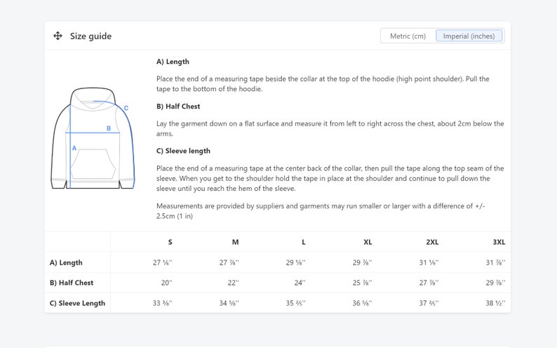 May include: Size chart for a hoodie with measurements in inches for length, half chest, and sleeve length. Sizes range from S to 3XL.