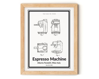 Inventor Alberto Pandolfi Gaggia espresso and grinder print, patent coffee wall decor,  2 Gaggia prints, Italian designer vintage print