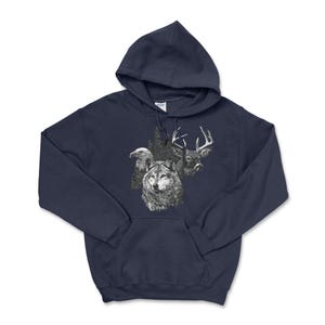 Vintage Style Nature Hoodie: Wolf, Deer, Eagle Unisex Pullover