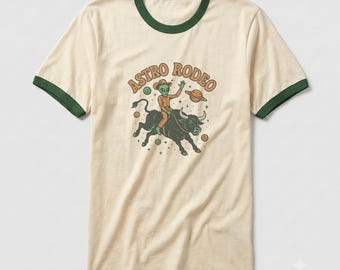 Retro Alien Cowboy Ringer Tee, Cosmic Western Graphic Shirt