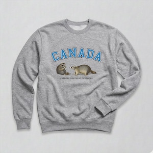 May include: A heather gray crewneck sweatshirt featuring the word CANADA in blue block letters with a black outline. Below the text are two illustrated raccoons and the phrase EXPLORE THE GREAT OUTDOORS printed in small black capital letters.