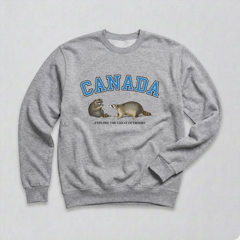 May include: A heather gray crewneck sweatshirt featuring the word CANADA in blue block letters with a black outline. Below the text are two illustrated raccoons and the phrase EXPLORE THE GREAT OUTDOORS printed in small black capital letters.