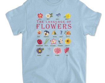 Maglietta in cotone con scritta "Il linguaggio dei fiori" e grafico botanico.