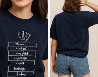 C.S. Lewis Quote Tee: Book Stack & Tea Cup Design