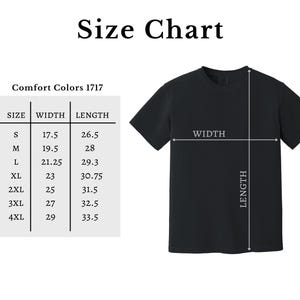 May include: A black t-shirt with a size chart. The chart shows measurements for sizes S to 4XL, with widths ranging from 17.5 to 29 inches and lengths from 26.5 to 33.5 inches. The text "Size Chart" is at the top.