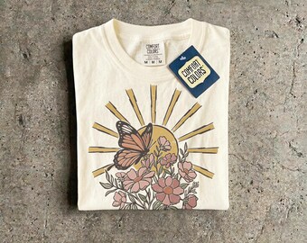 Vintage Butterfly Sun T-Shirt, Boho Wildflower Graphic Tee, Comfort Colors Floral Butterfly Shirt