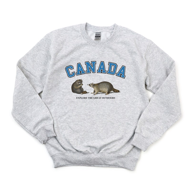 May include: A light gray crewneck sweatshirt featuring the word CANADA in blue block letters with a black outline. Below the text are two illustrated raccoons facing each other, with the phrase EXPLORE THE GREAT OUTDOORS printed in black.