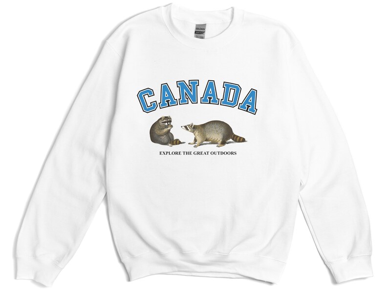 May include: A white long-sleeve sweatshirt featuring the word CANADA in blue block letters with a black outline. Below the text are two raccoons facing each other, with the phrase EXPLORE THE GREAT OUTDOORS printed in small black capital letters.
