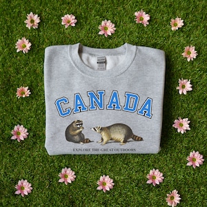 May include: A heather gray crewneck sweatshirt featuring the word CANADA in large blue letters with black outlines. Below the text are two illustrated raccoons and the phrase EXPLORE THE GREAT OUTDOORS printed in black capital letters.