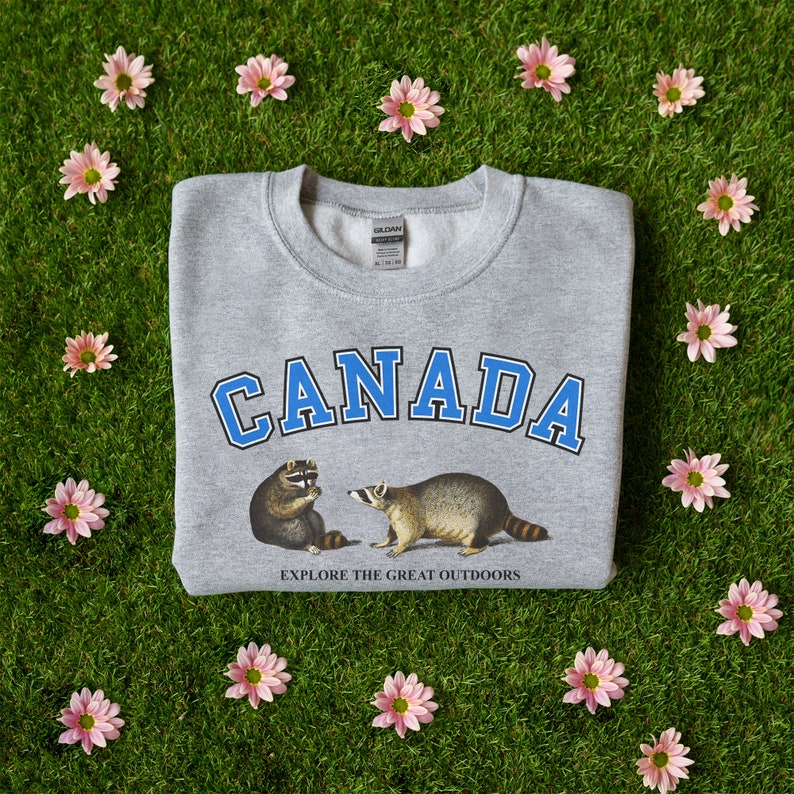 May include: A heather gray crewneck sweatshirt featuring the word CANADA in large blue letters with black outlines. Below the text are two illustrated raccoons and the phrase EXPLORE THE GREAT OUTDOORS printed in black capital letters.