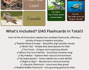 May include: A colorful infographic with illustrations of Australian reptiles, including a crocodile, goanna, frilled neck lizard, green sea turtle, sand monitor, carpet python, thorny devil, red bellied black snake, and baby crocodile. The infographic includes information about each reptile's habitat, diet, and unique characteristics. The text "What's Included? (240 Flashcards in Total!)" is at the top of the infographic.