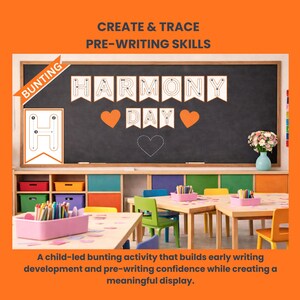 May include: A classroom scene with a chalkboard displaying a "Harmony Day" banner and heart shapes. The image includes tables, chairs, and colorful storage bins. Text reads "Create & Trace Pre-Writing Skills" and "Bunting". A child-led bunting activity is described.