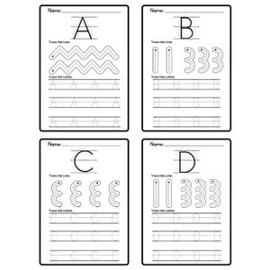 Pode incluir: Quatro folhas de trabalho educacionais brancas com texto preto. Cada folha apresenta uma letra do alfabeto: A, B, C e D. Cada folha inclui linhas para traçar a letra e formas, e espaço para escrever a letra.