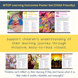 Op de afbeelding: MTOP Learning Outcomes posterset voor kinderen. De set bevat posters met tekst en afbeeldingen over zelfidentiteit, teamwork, veiligheid, nieuwsgierigheid en het hebben van een stem. De tekst luidt: "Kinderen kunnen niet nadenken over hun leren als ze niet weten wat het is."