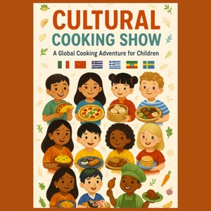 May include: An illustrated poster for a "Cultural Cooking Show" with children holding food from different countries. The title is in large, colorful letters, with flags above the children. The text reads "A Global Cooking Adventure for Children."