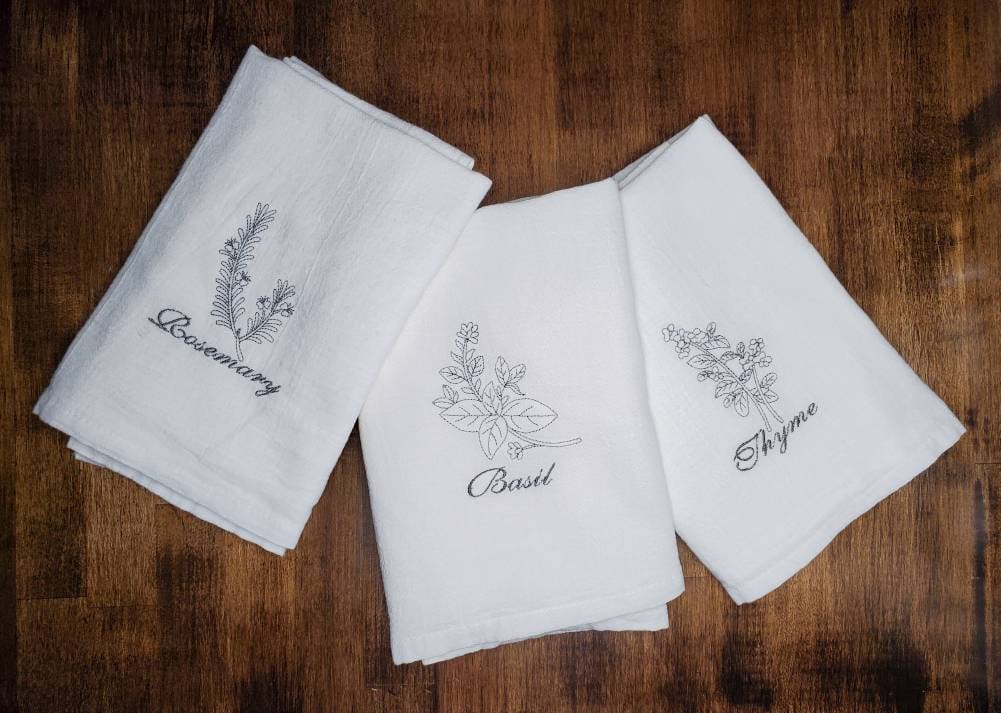 Herb Embroidered Tea Towels, 100% Cotton White Flour Sack Towel