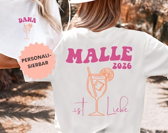 Malle Shirts Damen personalisiert mit Name, Malle T Shirt 2026, Malle Party Shirt JGA, Mädelstrip, Mallorca Urlaub, Girls Trip Shirt, Aperol
